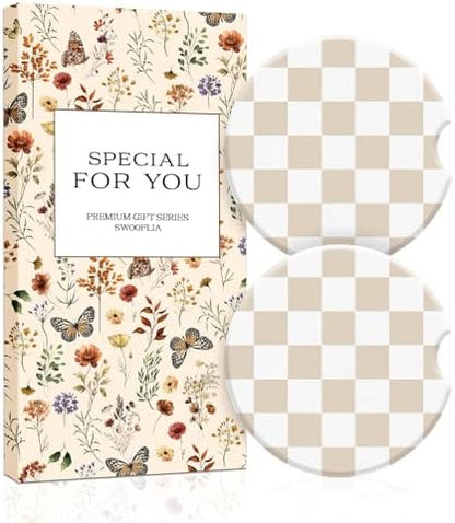 Swooflia Checkerboard Ceramic Car Coasters Set of 2, Cute Aesthetic Car by Swooflia