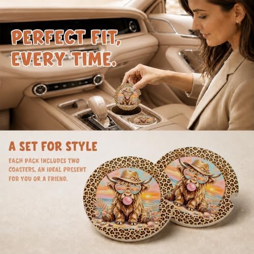 Western Highland Cow Car Coasters, Leopard Print Coquette Cup Holders - Image 2