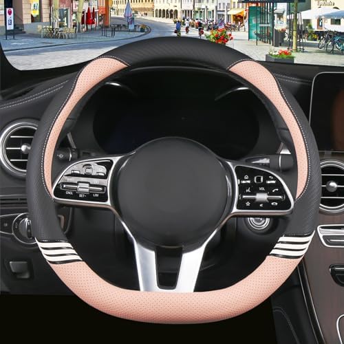15 inch Cute Leather D Shape Steering Wheel Cover Black Pink by Binsheo