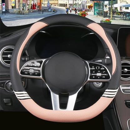 15 inch Cute Leather D Shape Steering Wheel Cover Black Pink by Binsheo
