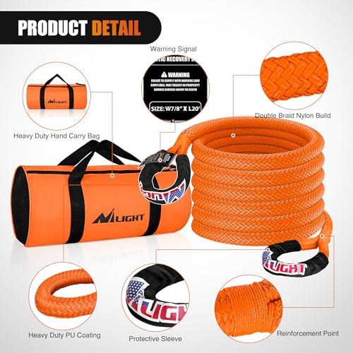 Nilight Kinetic Recovery Rope 28, 600LBS 7/8" x 20ft Snatch Strap Heavy Duty - Image 3