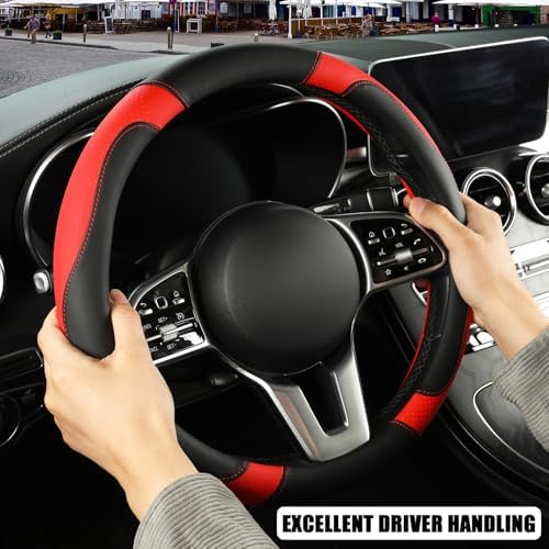 Black Red Microfiber Leather Steering Wheel Cover 14 inch - Image 5