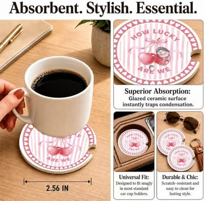 Pink Cherry Car Coasters, How Luck are We Coquette Cup Holders - Image 3