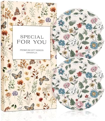 Swooflia Floral Absorbent Ceramic Car Coasters Set of 2, Cute Botanical by Swooflia