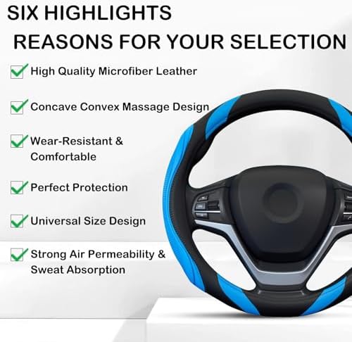 Concave Convex Massage Black Blue Microfiber Leather Steering Wheel Cover - Image 6