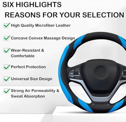 Concave Convex Massage Black Blue Microfiber Leather Steering Wheel Cover - Image 6