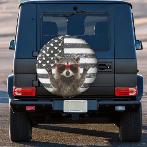 Funny Raccoon Spare Tire Cover Black White American Flag - Image 3