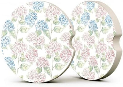 Blue Pink Hydrangea Car Coasters, Retro Coastal Floral Cup Holders by Unknown
