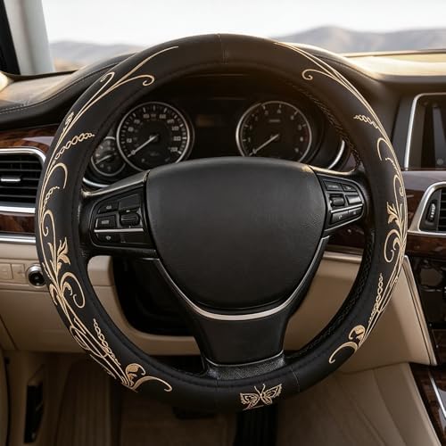 Beige Embroidery Butterfly Car Steering Wheel Cover, 14.5-15 Inch Universal - Image 2