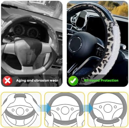 Bling Rhinestone Cheetah Steering Wheel Cover Leather White - Image 5