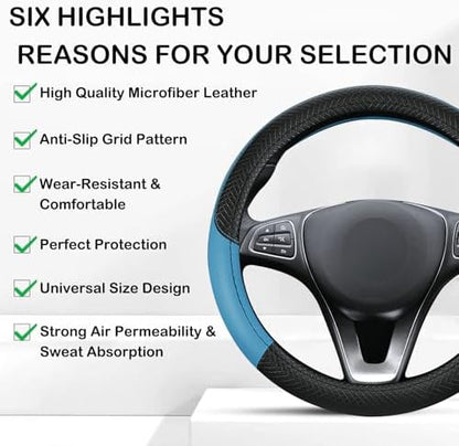 Leather Patchwork Black Blue Steering Wheel Cover, 14.5-15 Inch Non-Slip - Image 5