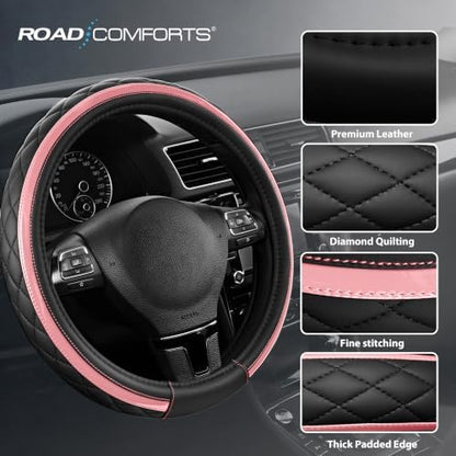 Road Comforts Leather Steering Wheel Cover – Black & Pink, Universal Fit - Image 4