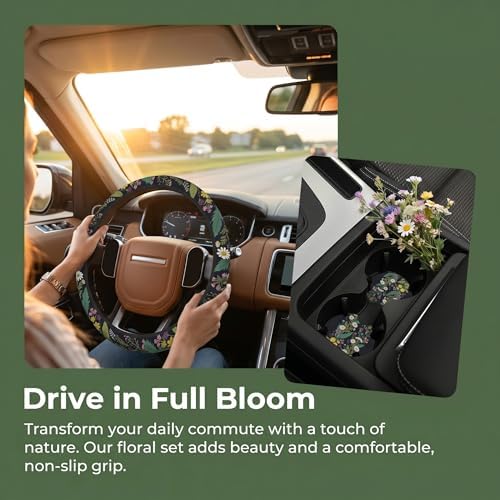 Wildflower car Steering Wheel Cover Women 15in Flower 2 Cup Coasters - Image 3