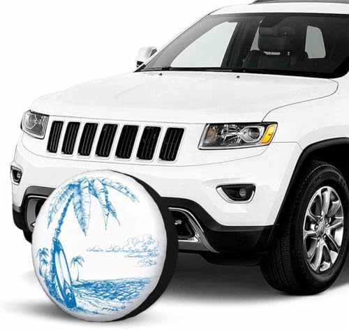 Palm Trees and Sea View Spare Tire Cover Surfing Background Blue Line Drawing - Image 7