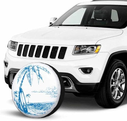 Palm Trees and Sea View Spare Tire Cover Surfing Background Blue Line Drawing - Image 7