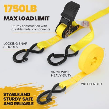 1" x20FT Extra Long Ratchet Straps - 1750lb Capacity Heavy Duty Tie Downs - Image 2