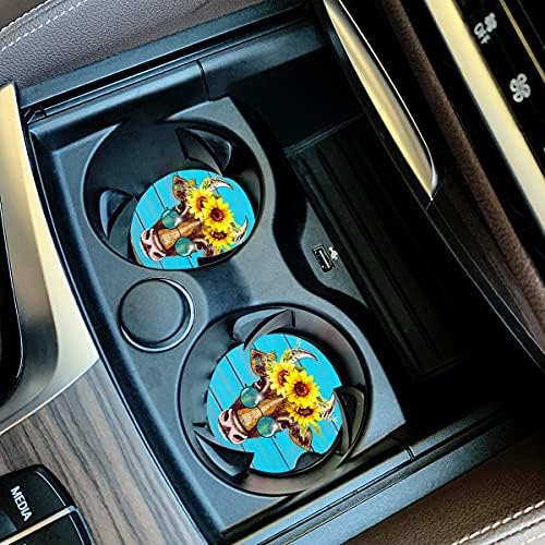 Car Coasters Pack of 2, Fun Sunflower Cow Design Absorb Condensation - Image 2