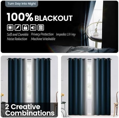 SimpleHome Ombre Navy Blue 100% Blackout Bedroom Curtains White Liner 63L - Image 6