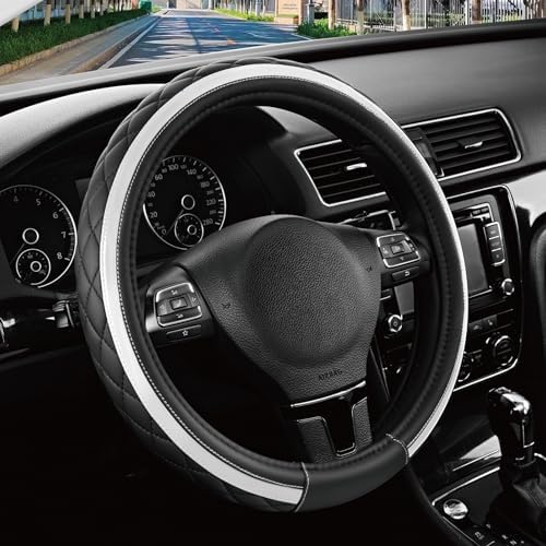 Road Comforts Leather Steering Wheel Cover – Black & Silver, Universal Fit by RoadComforts