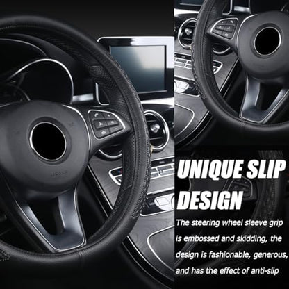 AUCELI 14.5-15 Inch Steering Wheel Cover Non-Slip Leather Black - Image 4