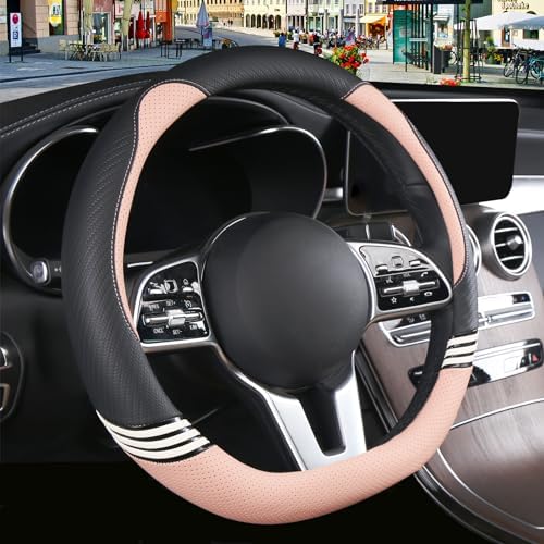 15 inch Cute Leather D Shape Steering Wheel Cover Black Pink - Image 2