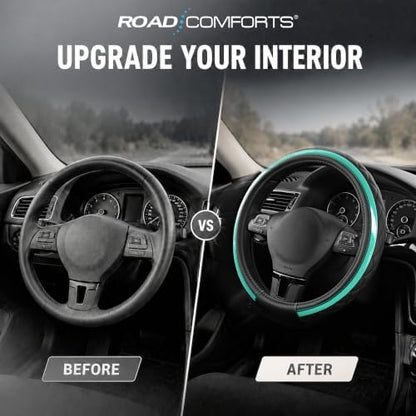 Road Comforts Leather Steering Wheel Cover – Black & Green Universal Fit - Image 5
