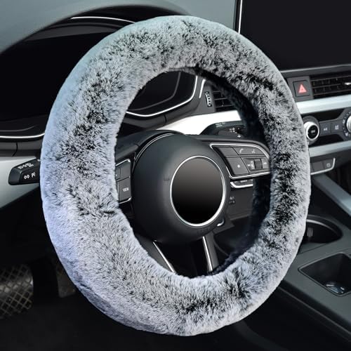 KAFEEK Fluffy Winter Steering Wheel Cover, Universal 15 Inch, Frost Grey by KAFEEK