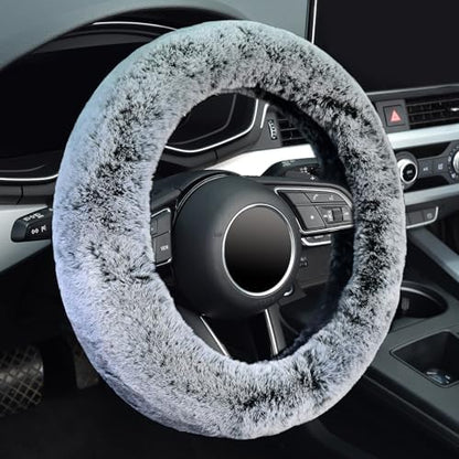 KAFEEK Fluffy Winter Steering Wheel Cover, Universal 15 Inch, Frost Grey by KAFEEK