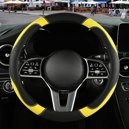 Black Yellow Microfiber Leather Steering Wheel Cover 14 inch - Image 2
