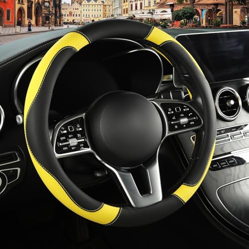Black Yellow Microfiber Leather Steering Wheel Cover 15 inch by Binsheo