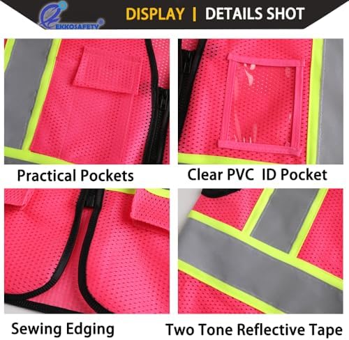Hi Vis Reflective Safety Vest for Men Women, Hot Pink - Image 4