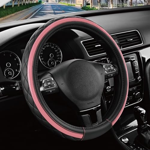 Road Comforts Leather Steering Wheel Cover – Black & Pink, Universal Fit by RoadComforts