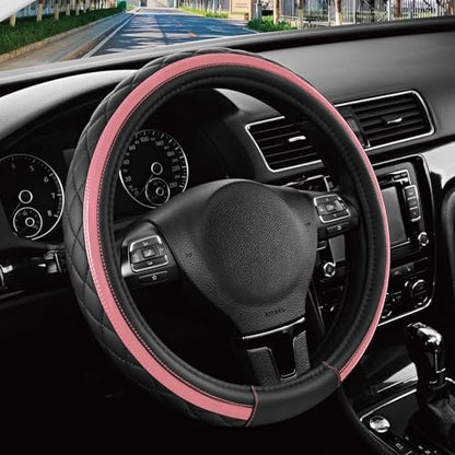 Road Comforts Leather Steering Wheel Cover – Black & Pink, Universal Fit by RoadComforts