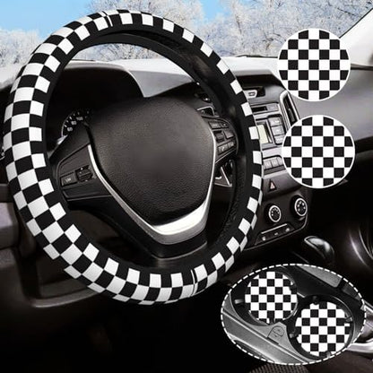 Black and White Checkered Steering Wheel Cover Rubber Anti-Slip 14.5-15 Inch by Olemier