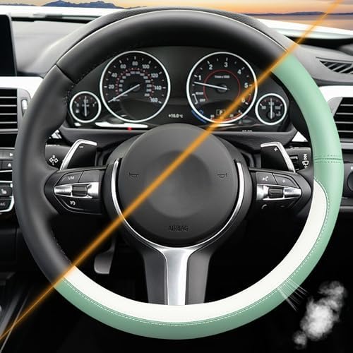 Green & White Nappa Leather Steering Wheel Cover, Cute Car Steering Wheel Cover - Image 2