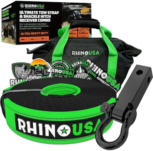 Rhino USA Recovery Combo Kit - 30ft Tow Strap & Shackle Hitch by RhinoUSAInc