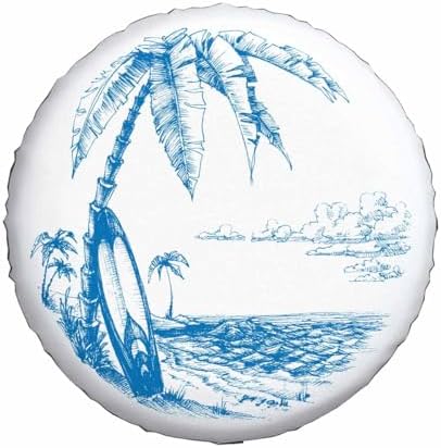 Palm Trees and Sea View Spare Tire Cover Surfing Background Blue Line Drawing - Image 2