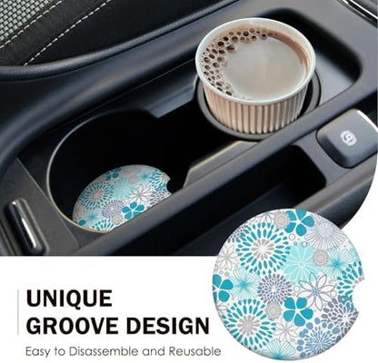 Blue Floral Car Coasters for Cup Holders Set of 2 Bohemian Absorbent Ceramic - Image 7