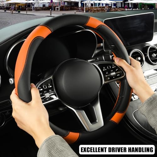 Black Orange Microfiber Leather Steering Wheel Cover 14 inch - Image 5