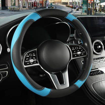 Black Blue Breathable Microfiber Leather Steering Wheel Cover by Binsheo