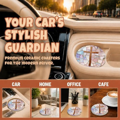 Christian Cross Stained Glass Car Coasters, Religious Faith Cup Holders - Image 4