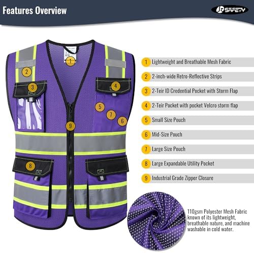 JKSafety Safety Vest for Men Women Hi Vis Reflective Vest JK220 PurpleB M - Image 4
