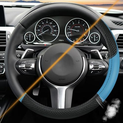 Leather Patchwork Black Blue Steering Wheel Cover, 14.5-15 Inch Non-Slip - Image 3