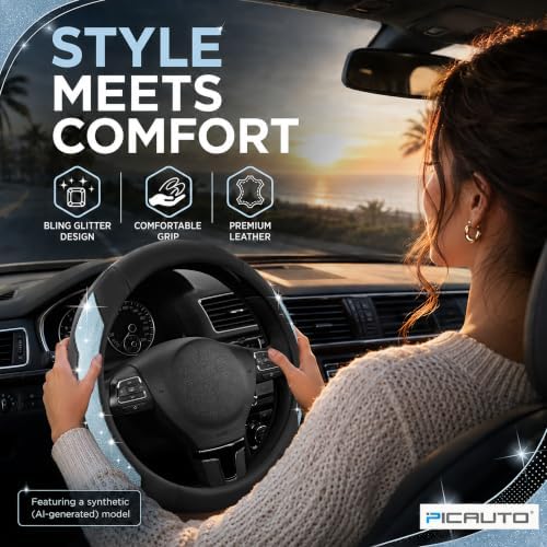PIC AUTO Steering Wheel Cover, Light Blue Sparkly Crystal Bling Glitter - Image 3