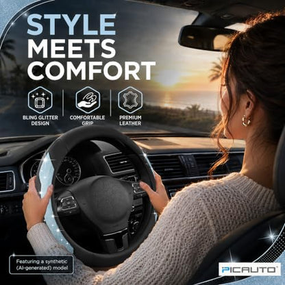 PIC AUTO Steering Wheel Cover, Light Blue Sparkly Crystal Bling Glitter - Image 3