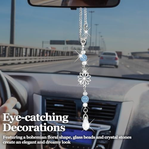 Hovom Flower Car Charm for Rear View Mirror, Cute Crystal Rearview Mirror - Image 3