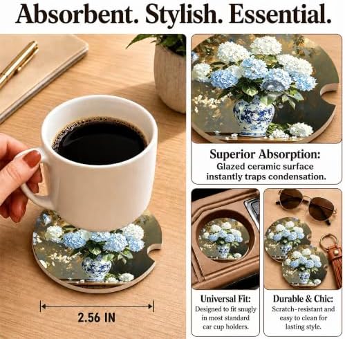 Blue White Chinoiserie Hydrangea Car Coasters, Retro Floral Cup Holders - Image 3