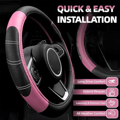 NBTEPEM 6 Pcs Pink Steering Wheel Cover Set, Sport Microfiber Leather Steering - Image 2
