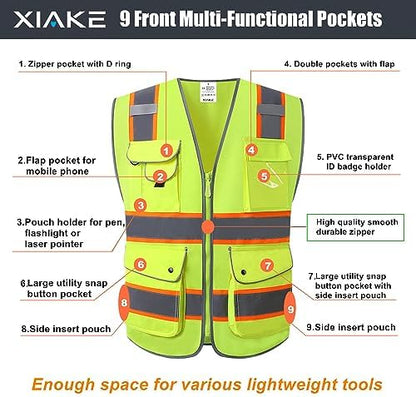 XIAKE 9 Pockets Class 2 High Visibility Reflective Safety Vest - Image 3