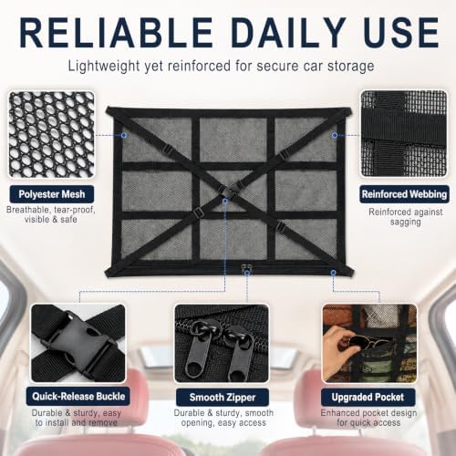 Car Ceiling Cargo Net, 35.4"x25.6" Double-Layer Overhead Roof Storage Organizer - Image 3